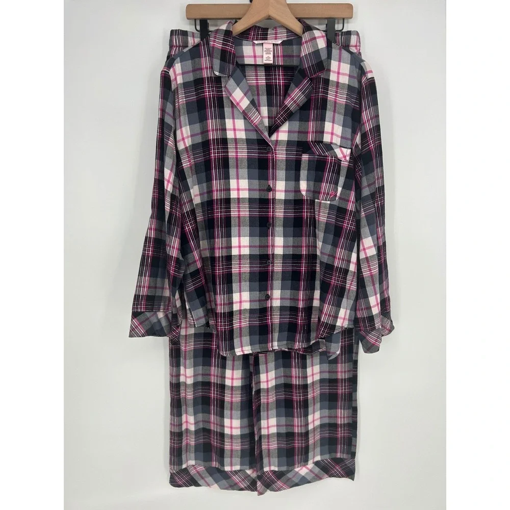 Victoria's Secret Pink & Gray Plaid Pajama Set W/Silver Thread-Womens‎ Sz Large